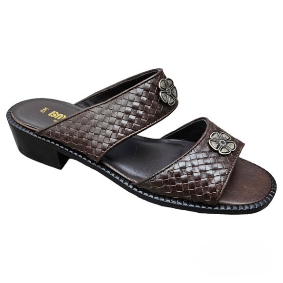 🔥272 Bruno De Milano Leather Woven Floral Slip On Brown Boho Sandals NEW - Picture 1 of 11